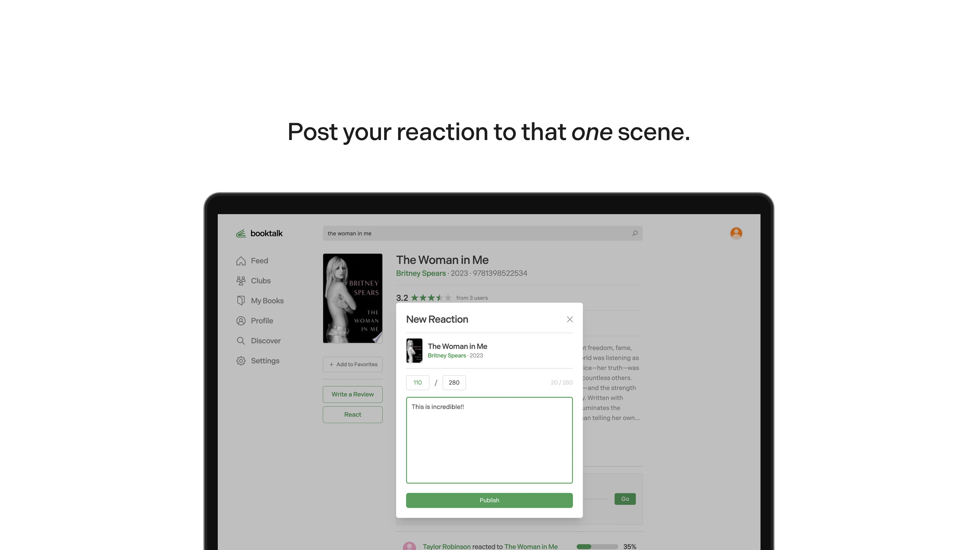 Preview of user creating a book reaction with text that reads, "Post your reaction to that one scene."