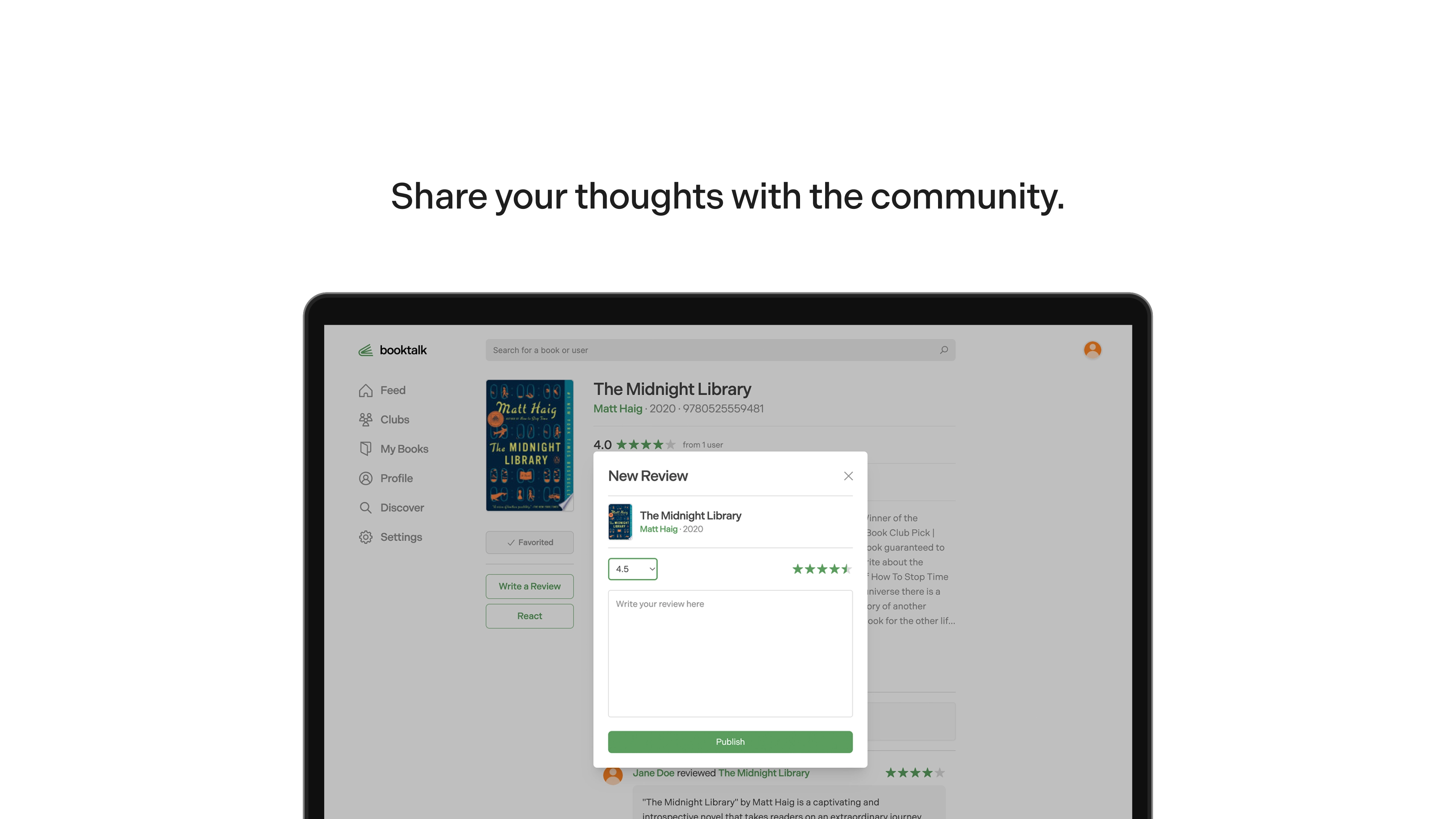 Preview of user creating a book review with text that reads, "Share your thoughts with the community."