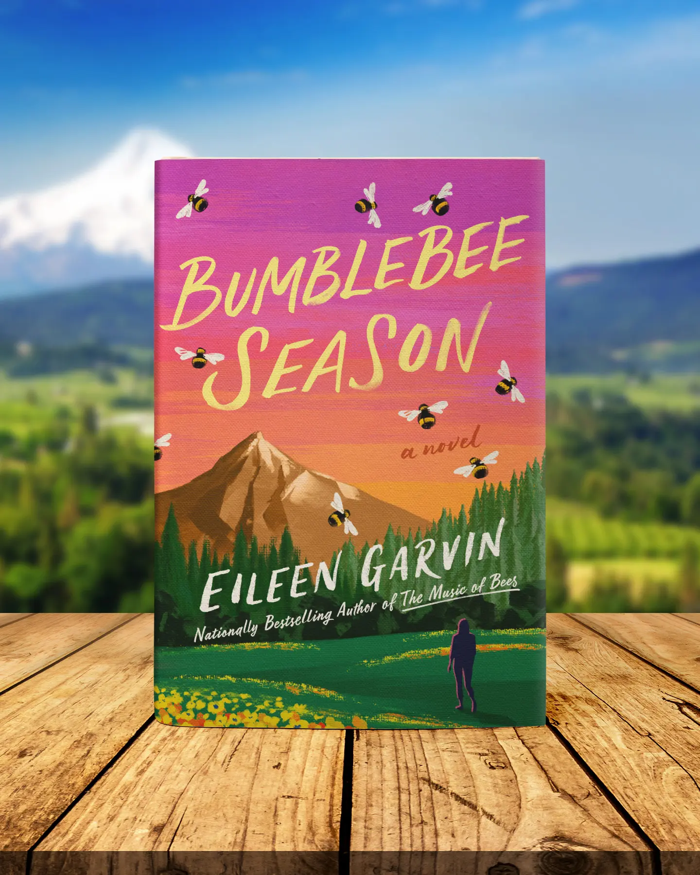 Book standing on table in front of mountain scene