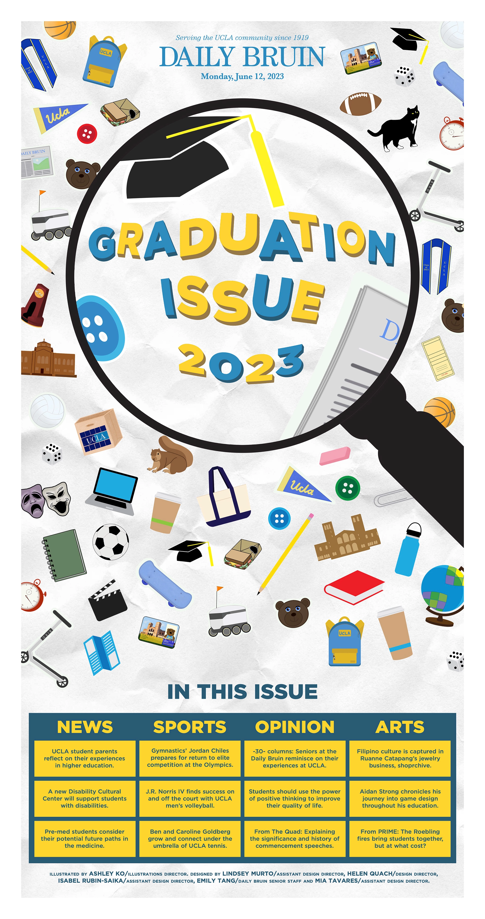 A newspaper cover titled, "Graduation Issue 2023." On the cover is a spyglass hovering over the title surrounded by various objects and icons associated with UCLA students.