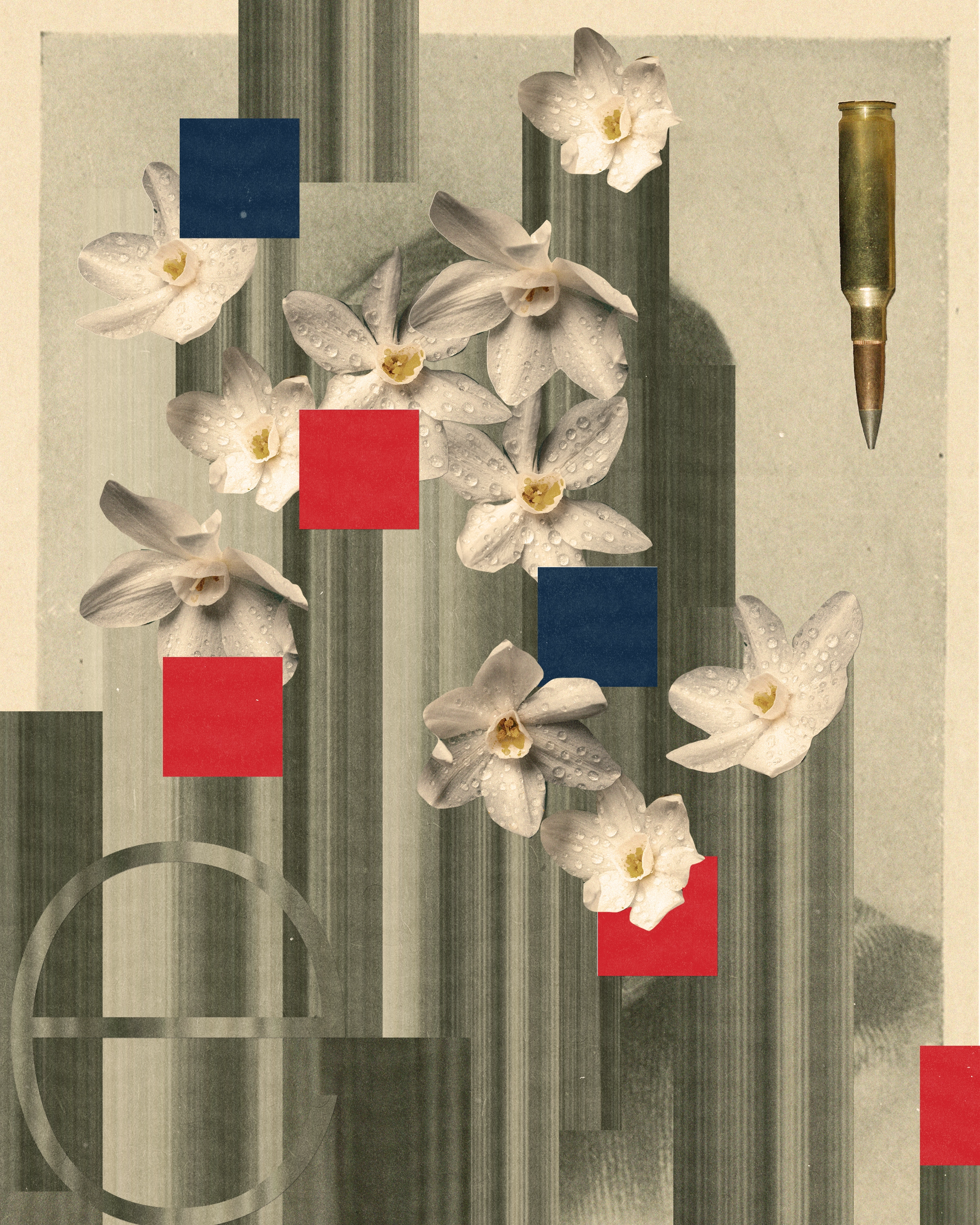 A bullet and white flowers on an edited vintage portrait with the face covered by abstract shapes