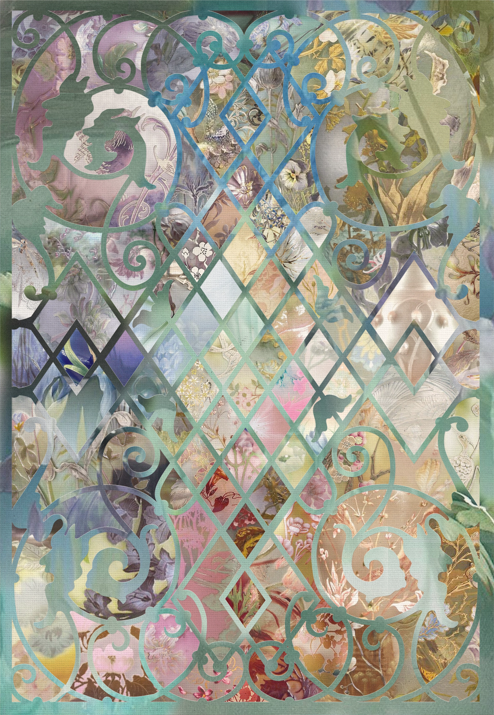 Collage of floral patterns and swirling shapes.