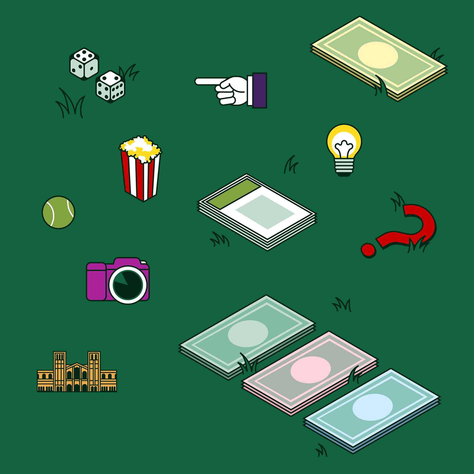 Graphics of objects and UCLA iconography inspired by the board game "Monopoly".