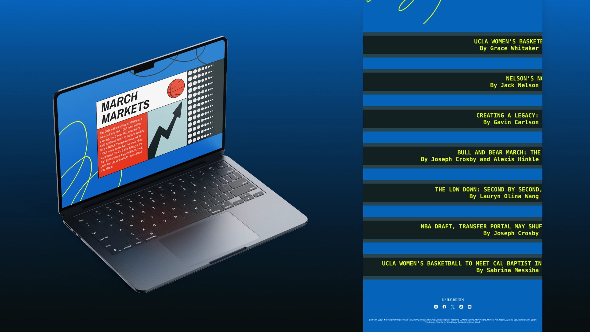 On the left, a Macbook Pro showing the "March Markets" introduction section. On the right, a preview of the articles section. Each article link looks like a scrolling LED sign showing the article title and author.