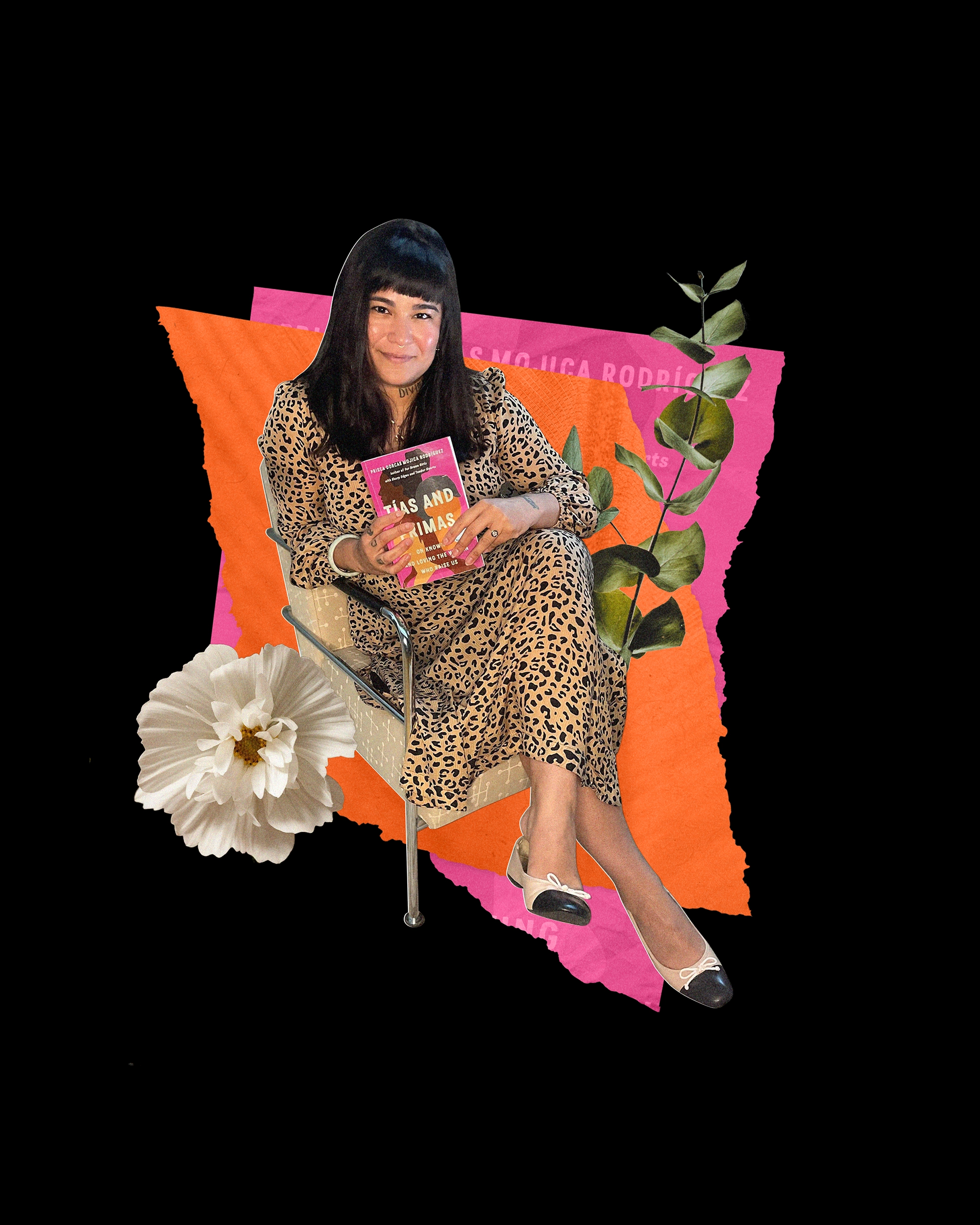 Collage of Prisca Dorcas Mojica Rodríguez with flowers and leaves.