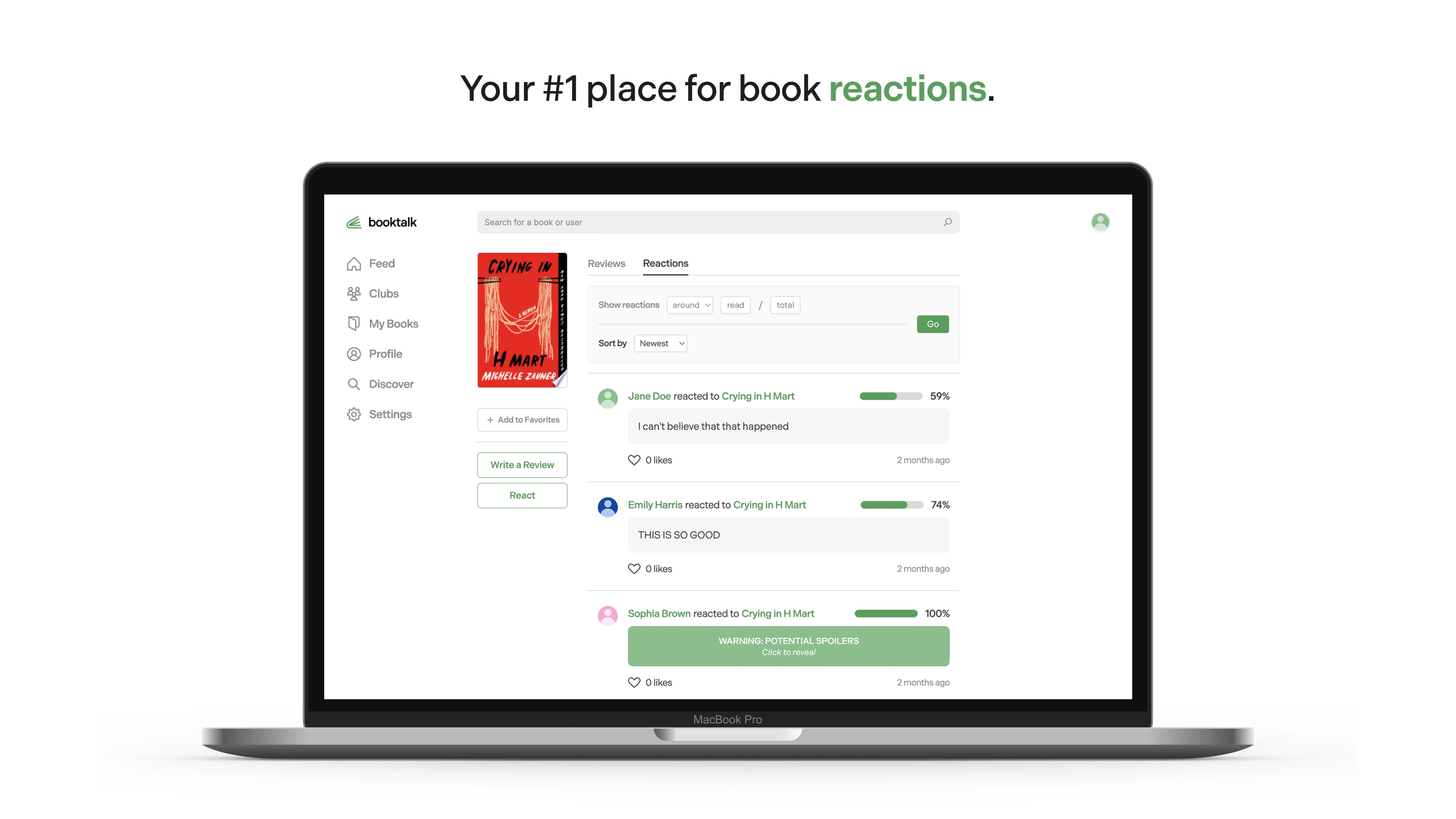 Macbook Pro using the BookTalk app with text that reads, "Your #1 place for book reactions."