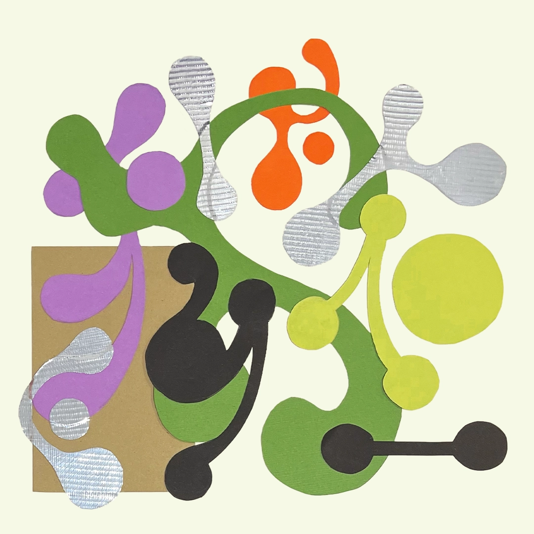 Abstract collage of earthy, muted colors, swirling shapes and circles.