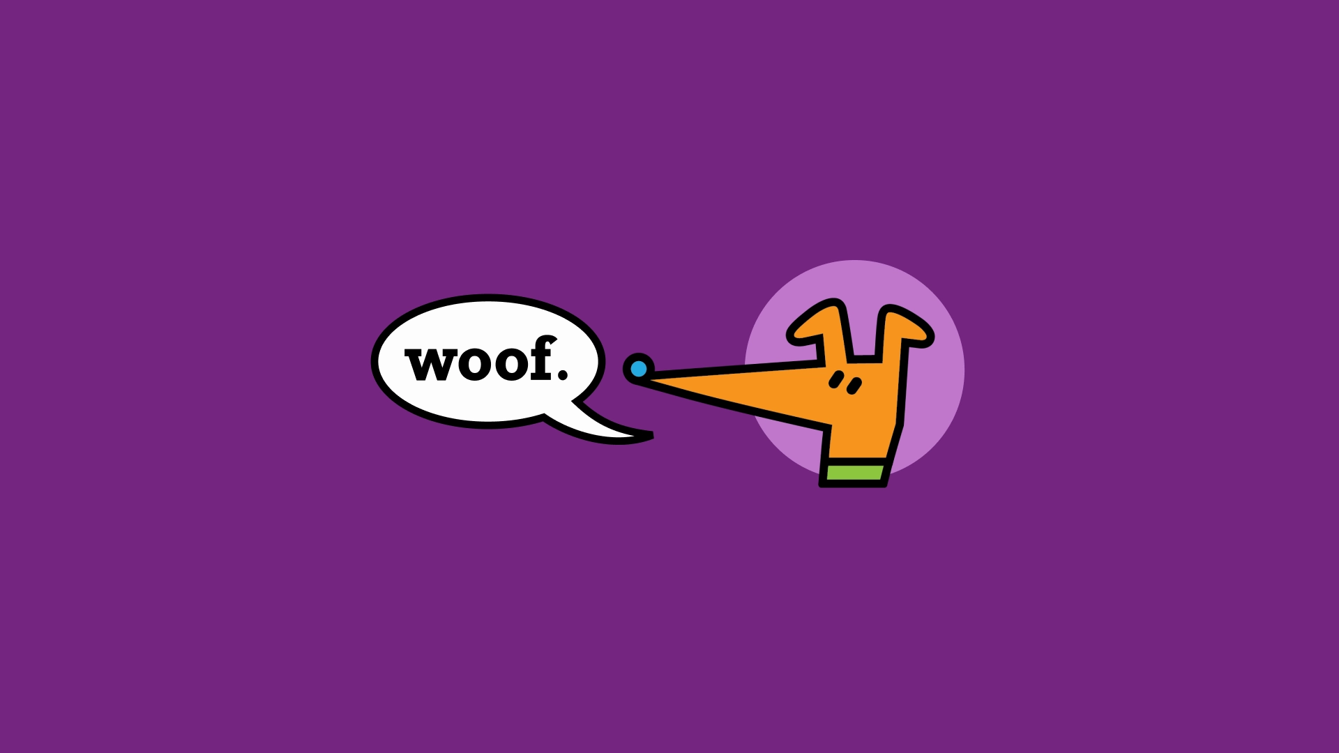 Woof logo of dog mascot on purple background. A speech bubble from the dog reads, "Woof."