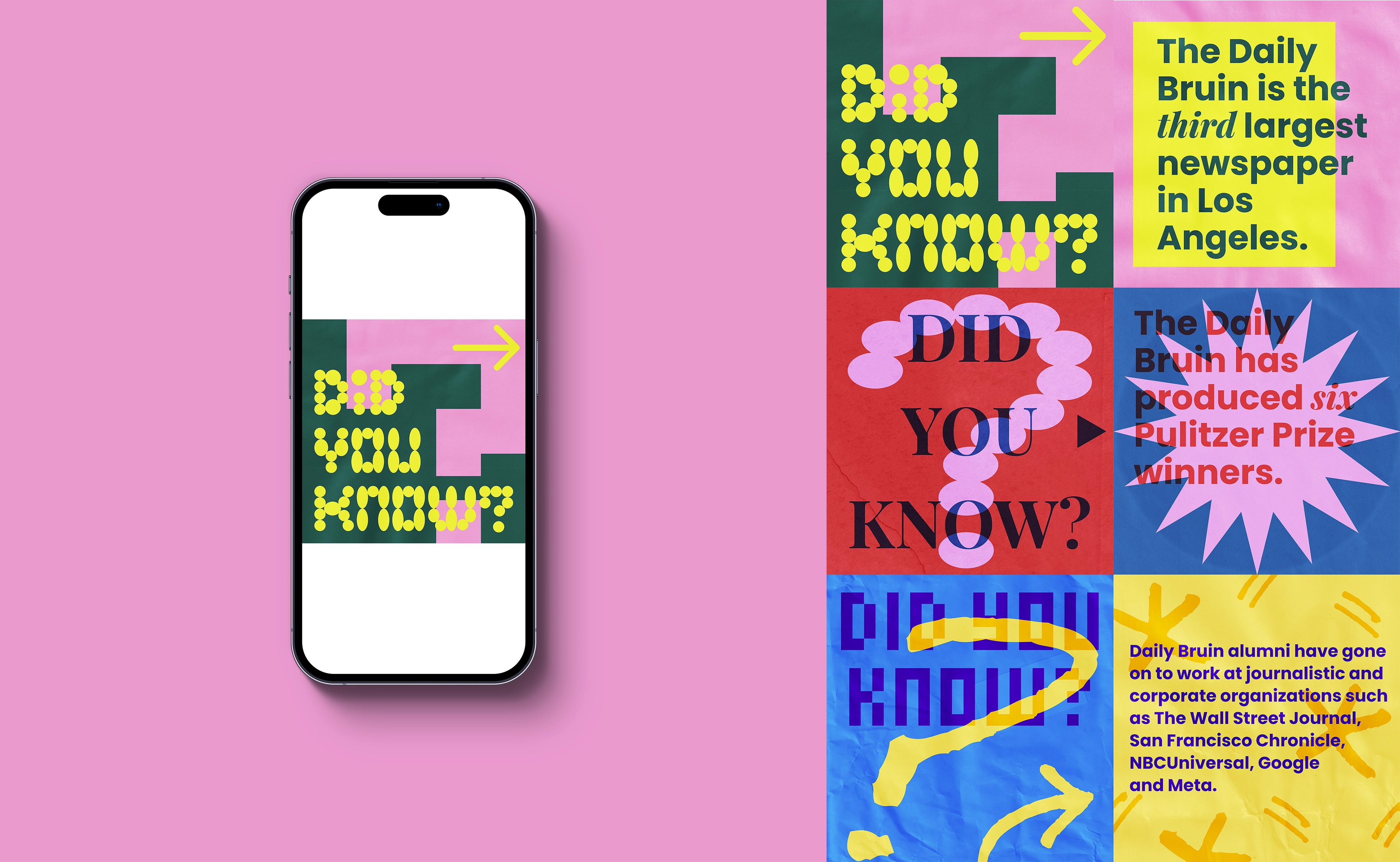 On the left, an iPhone showing a design that reads, "Did you know?". On the right, slides for Instagram post that list interesting facts about the Daily Bruin.