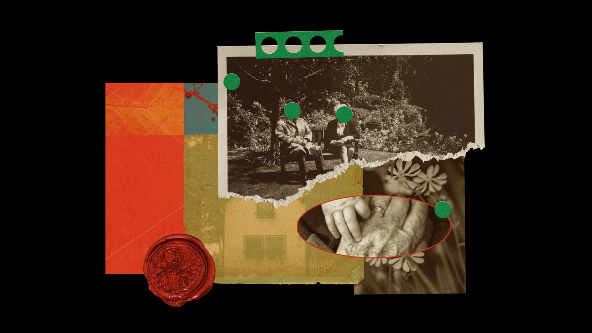 Collage of vintage photos and aged hands on an orange envelope with a red wax seal