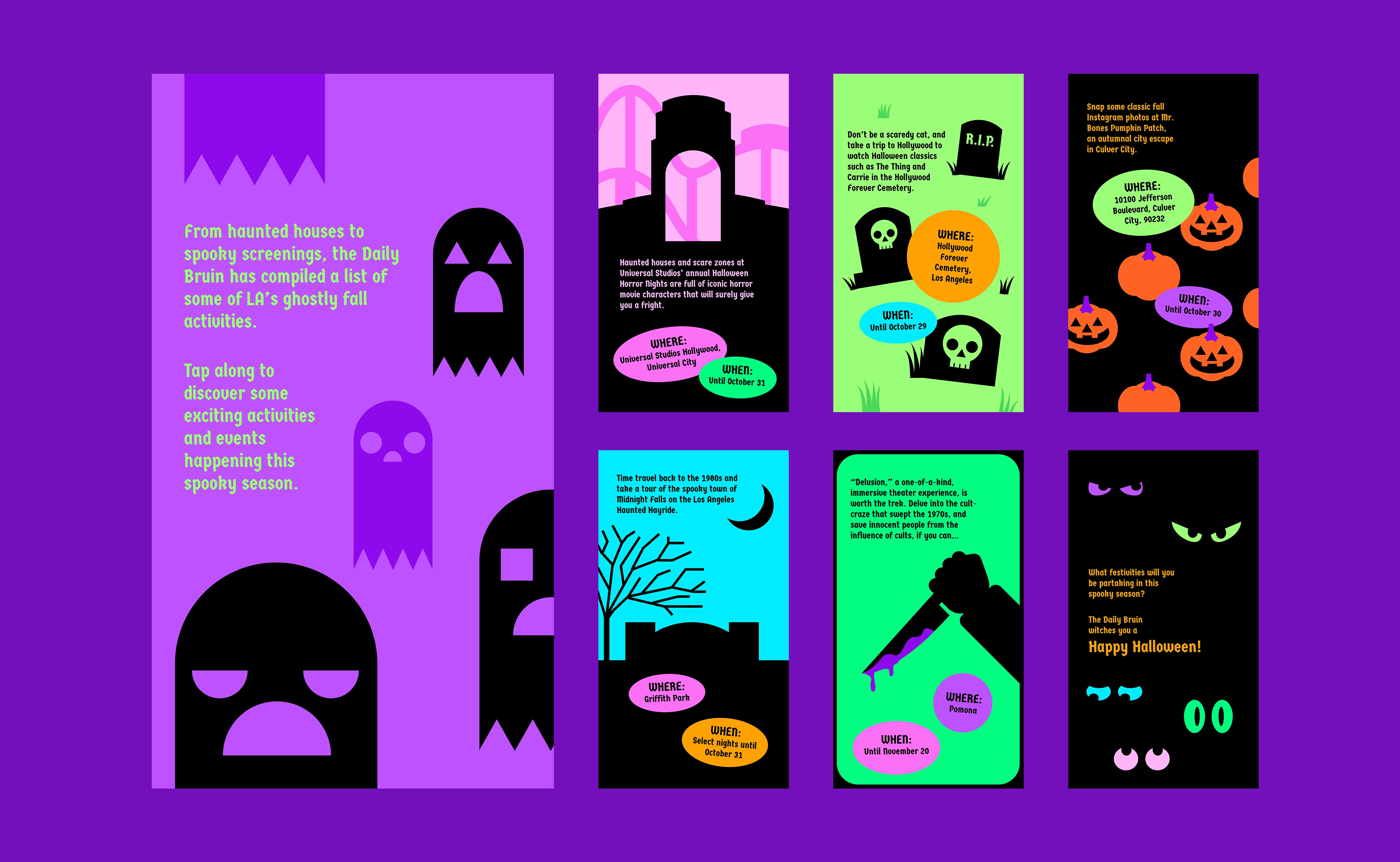 Slides for Instagram story describing Halloween and fall activities for UCLA students.