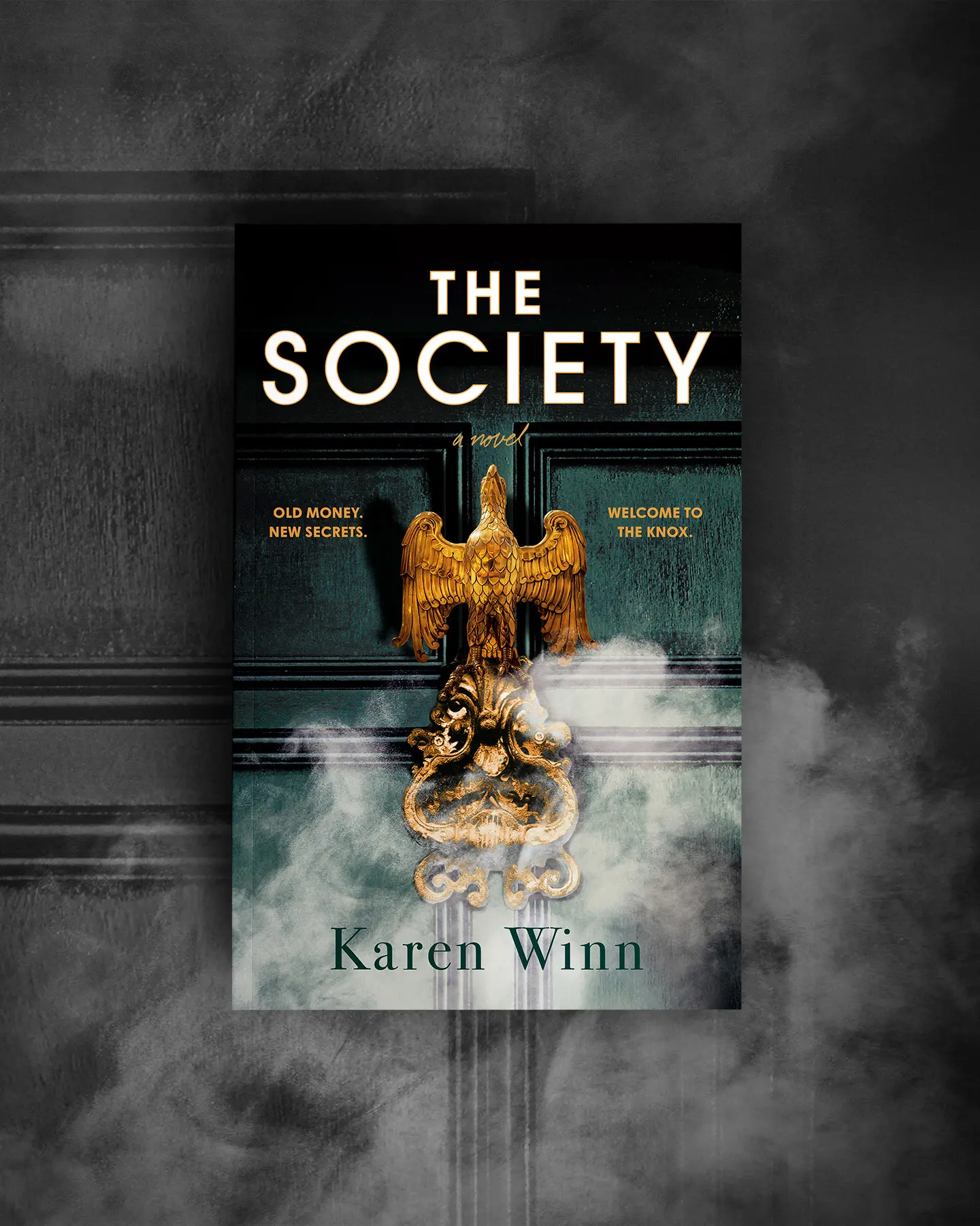 Book cover on dark atmospheric background with smoke rising.