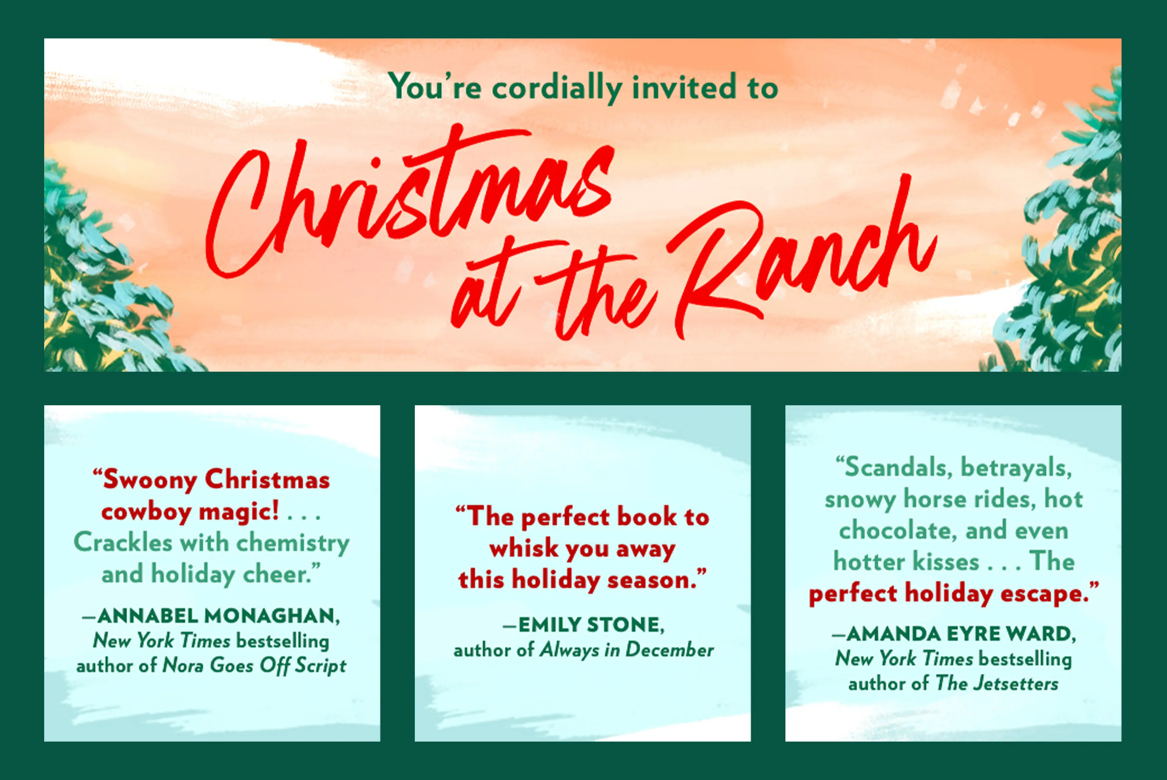 Amazon content for Christmas-themed romance novel with Christmas tree illustrations and snow