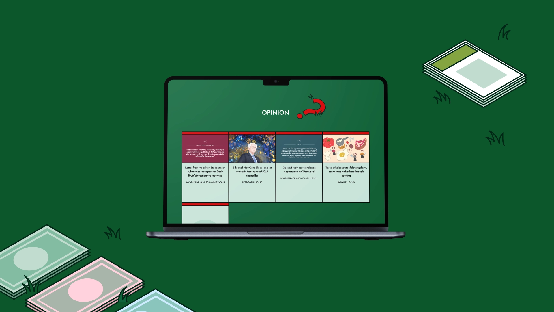 A Macbook Pro showing the Opinion section from the "Registration Issue" webpage. Beside the Macbook Pro are graphics of game money in various colors and a stack of game cards.