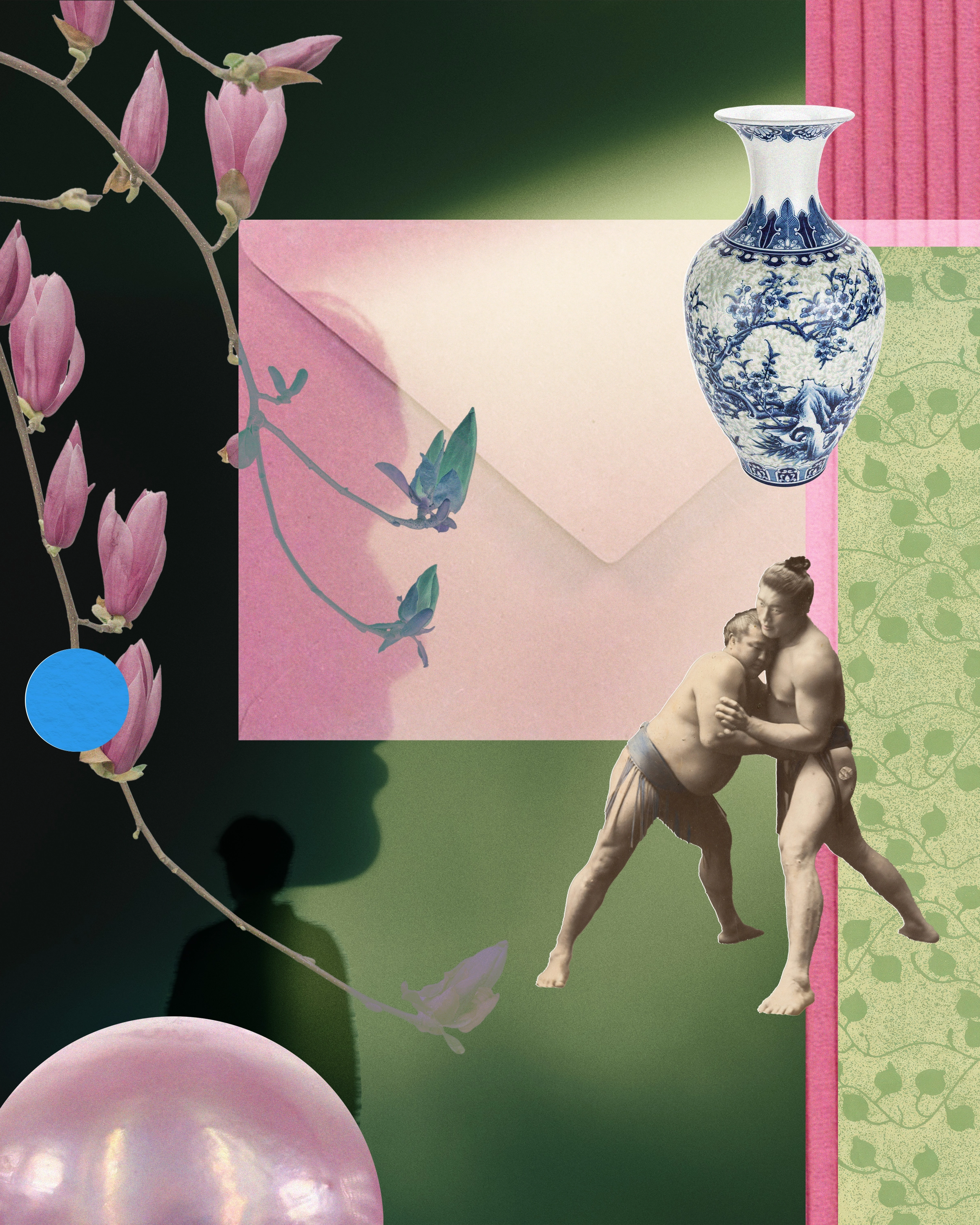 Collage of green and pink images featuring a porcelain vase