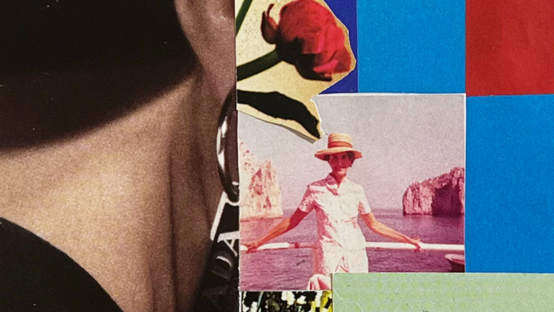 Close up of collage of fashion magazine cutouts with red flower in center